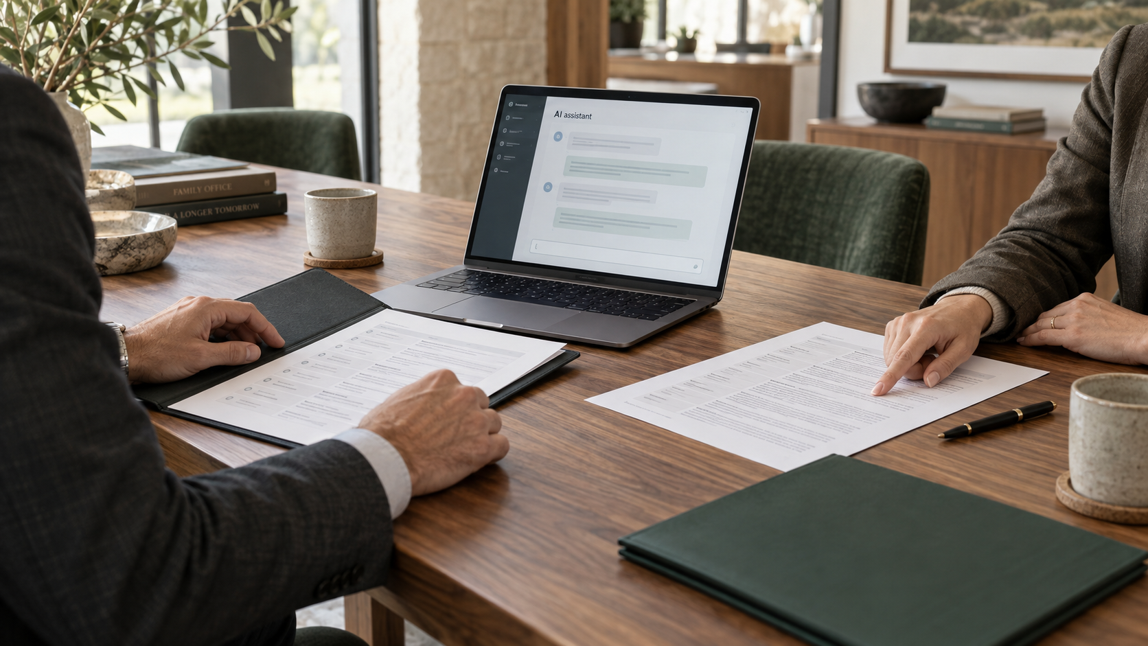 Two family office colleagues review an AI tool and vendor terms, with confidential documents kept closed nearby.