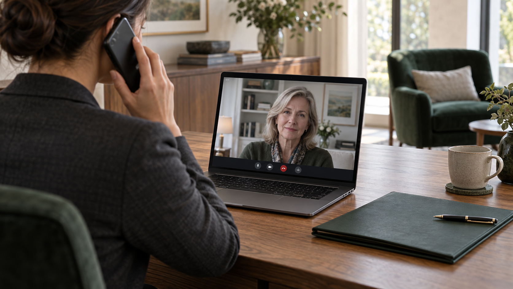 Family office assistant makes a separate phone call while a familiar face appears on a laptop video call.