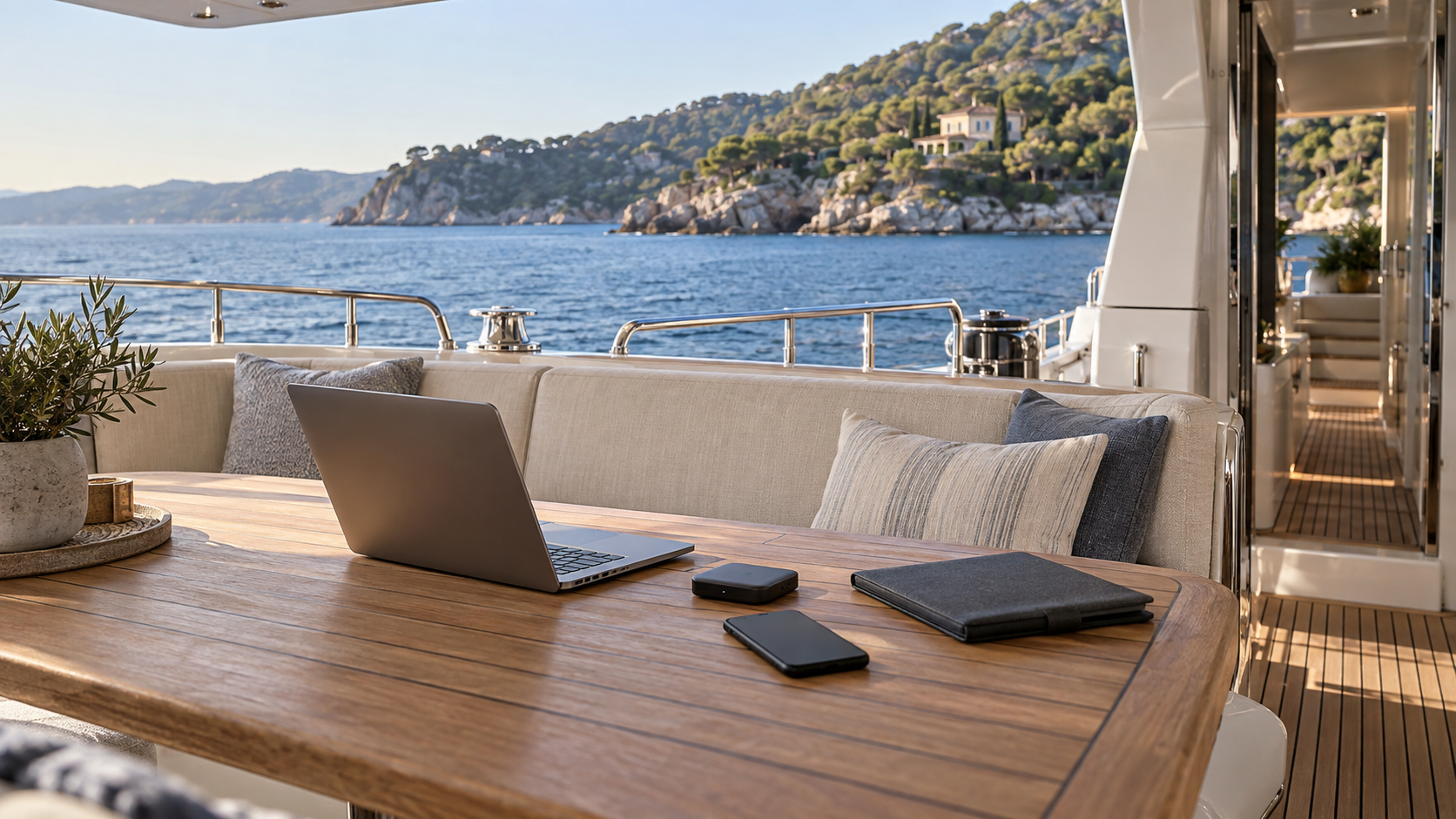 Laptop, portable hotspot and phone on a charter yacht’s teak table overlooking a coastal villa.