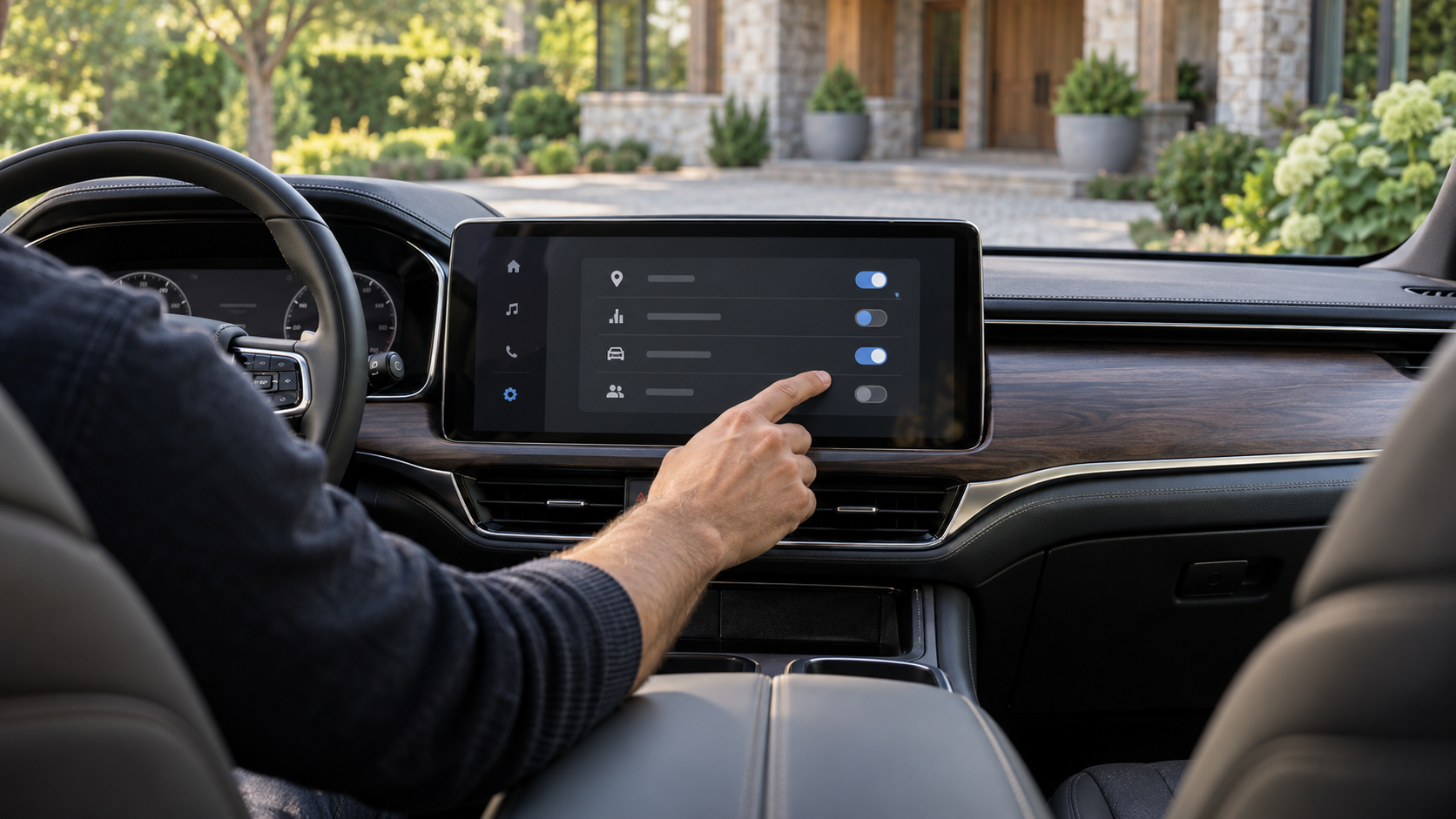 Driver reviewing privacy settings on a parked SUV’s touchscreen outside a private residence.