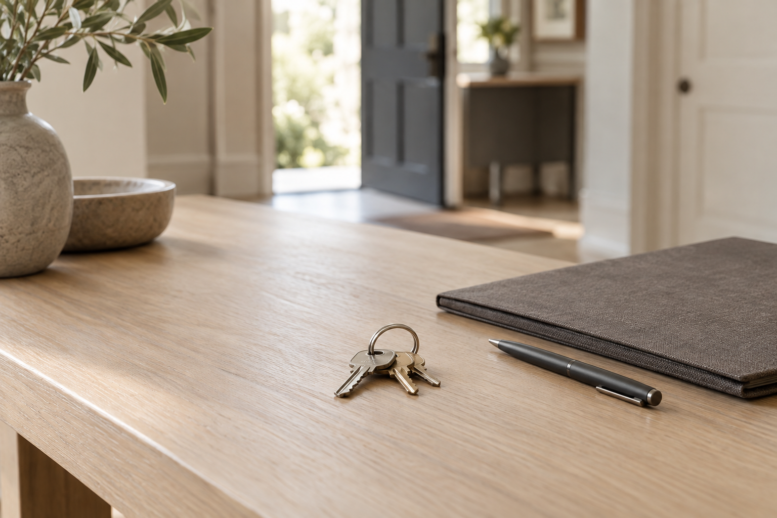 House keys beside a closed linen folder and pen on an oak table in a residential entryway.